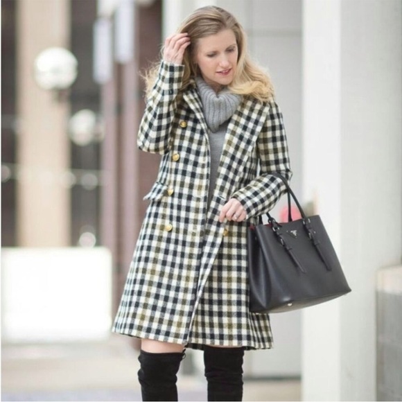 J.Crew Double Breasted Coat in Cypress Black Ivory Oxford Check Plaid Size 2